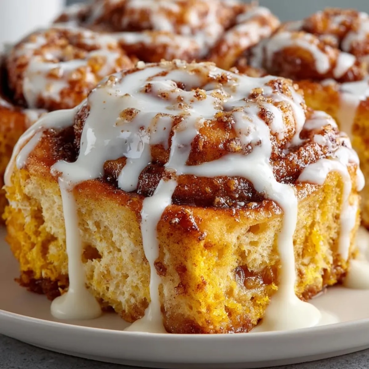 Pumpkin Cinnamon Roll Bake, golden brown and drizzled with luscious cream cheese glaze, ready to serve.