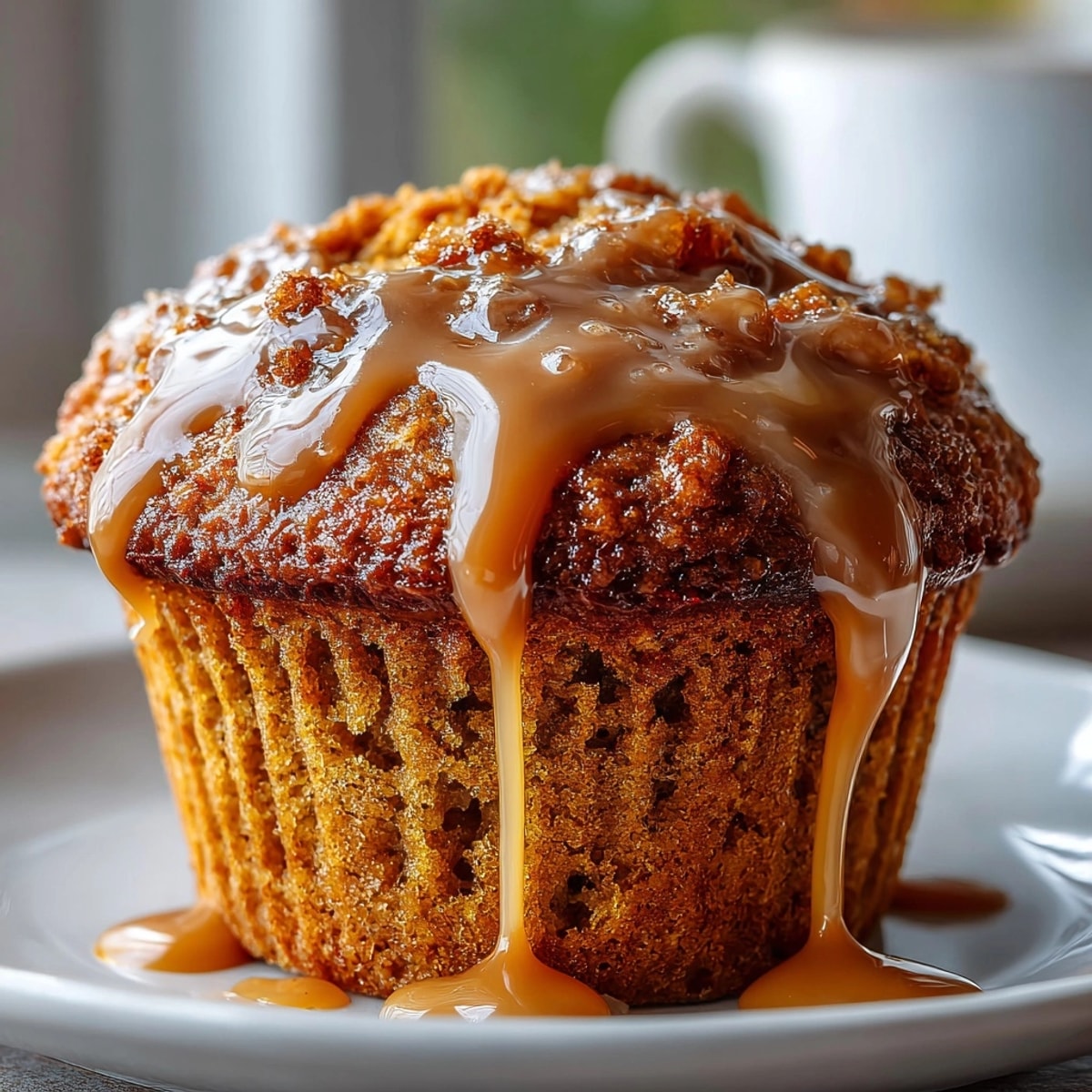 Warm Sticky Toffee Pudding Muffins drizzled with glossy toffee sauce, ready for dessert.