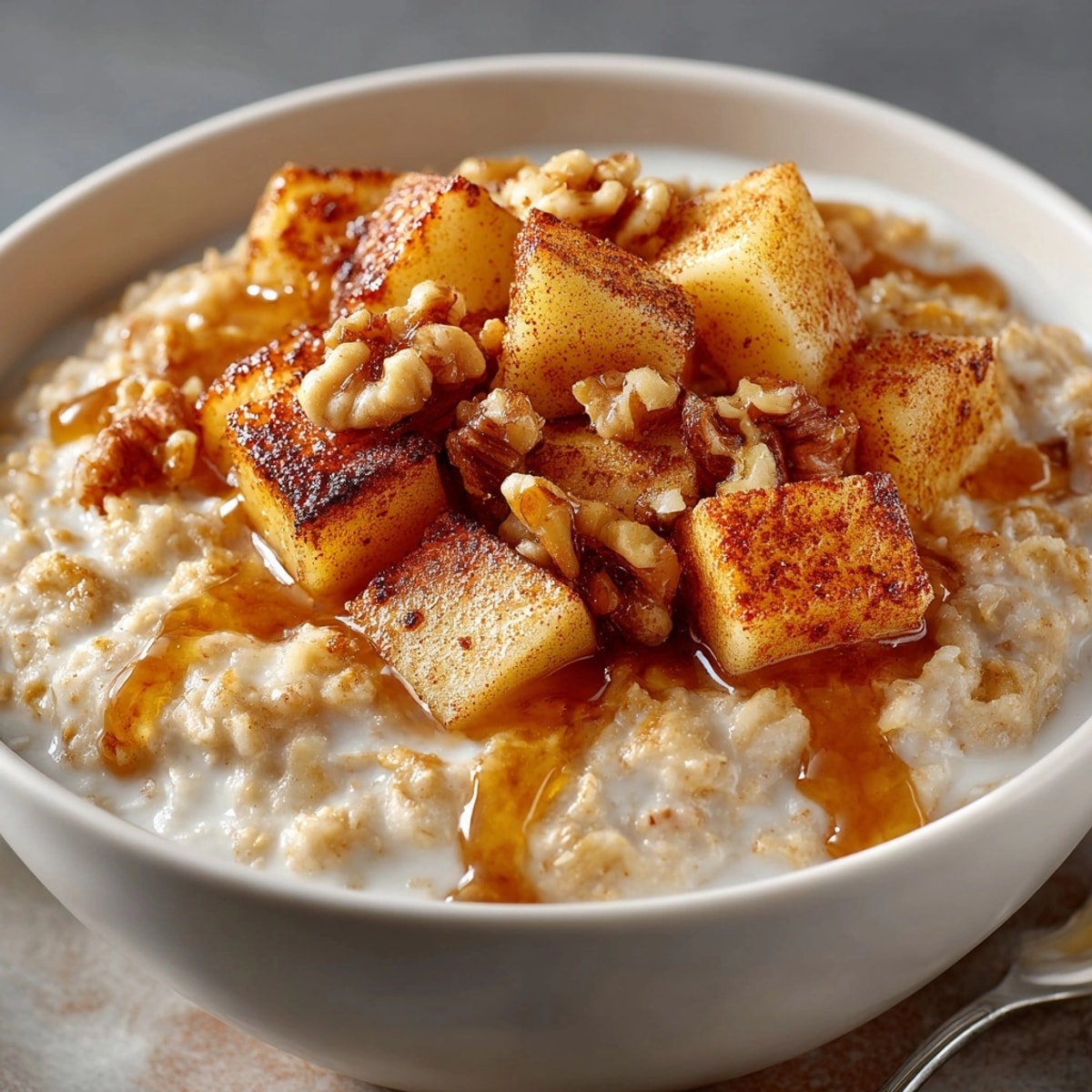 Warm Spiced Apple Oatmeal topped with maple syrup, ideal for a comforting breakfast.