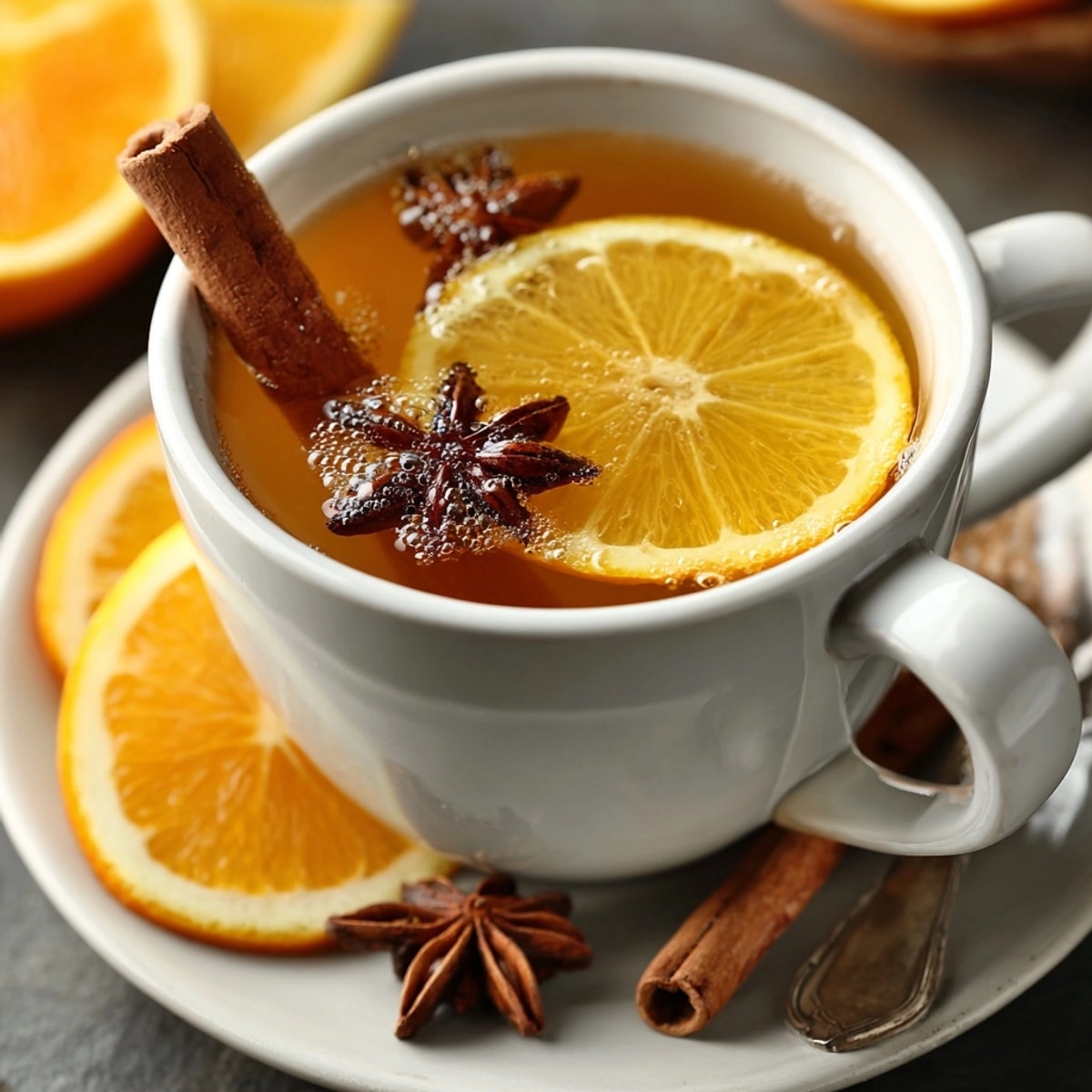 Steaming mugs of Hot Spiked Mulled Cider with orange slices and warm cinnamon sticks in the cozy ambiance.