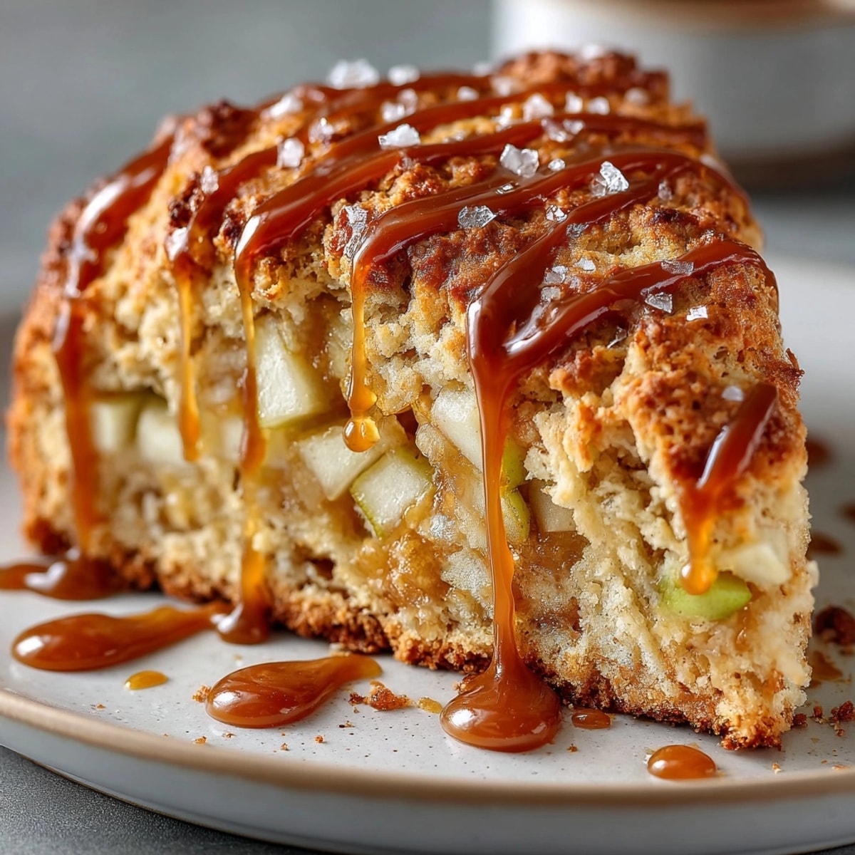 Golden-brown salted caramel apple cinnamon scones, perfect for a cozy breakfast or snack, ready to eat.