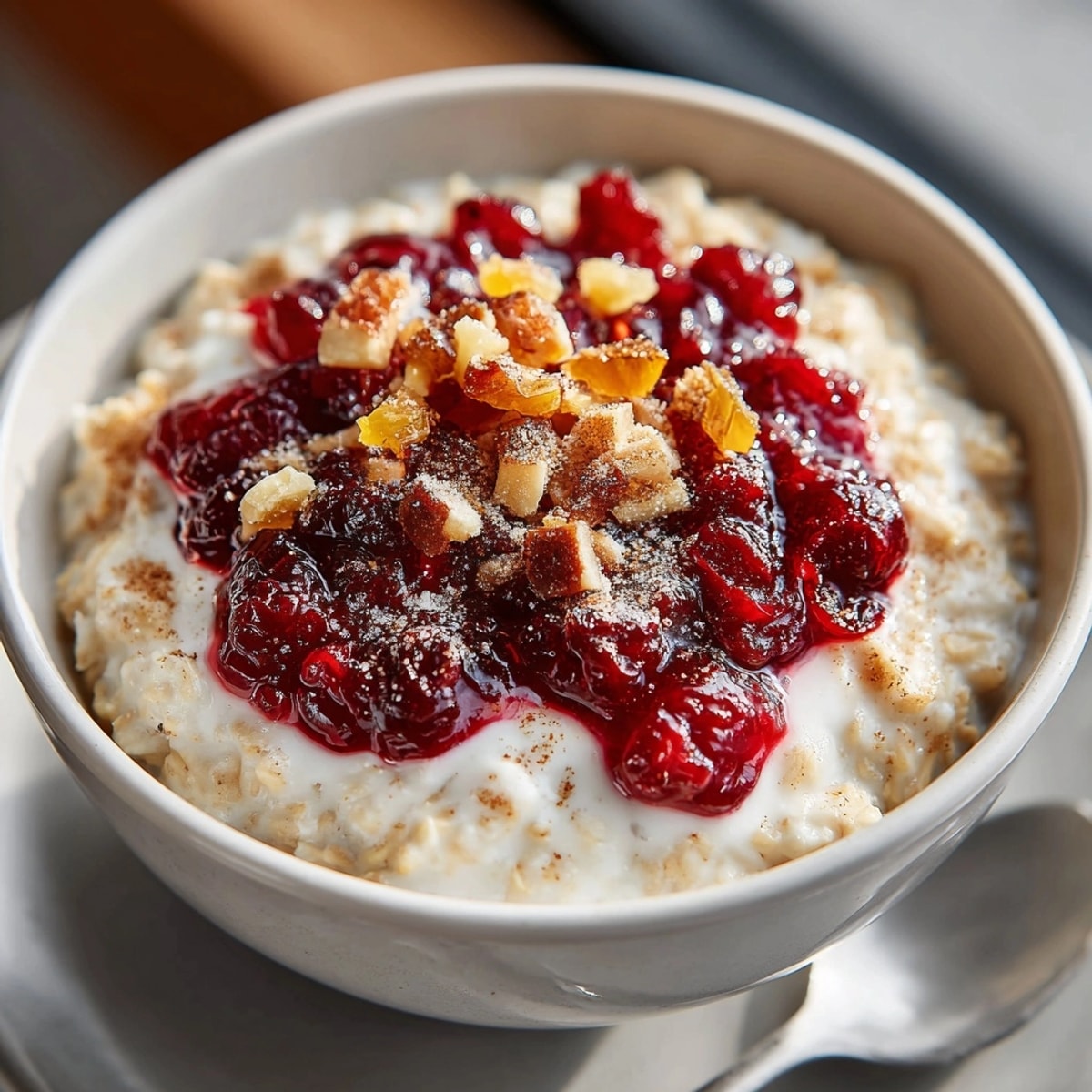 Creamy Gingerbread Overnight Oats with cranberry compote, a sweet spiced breakfast, ready to eat.