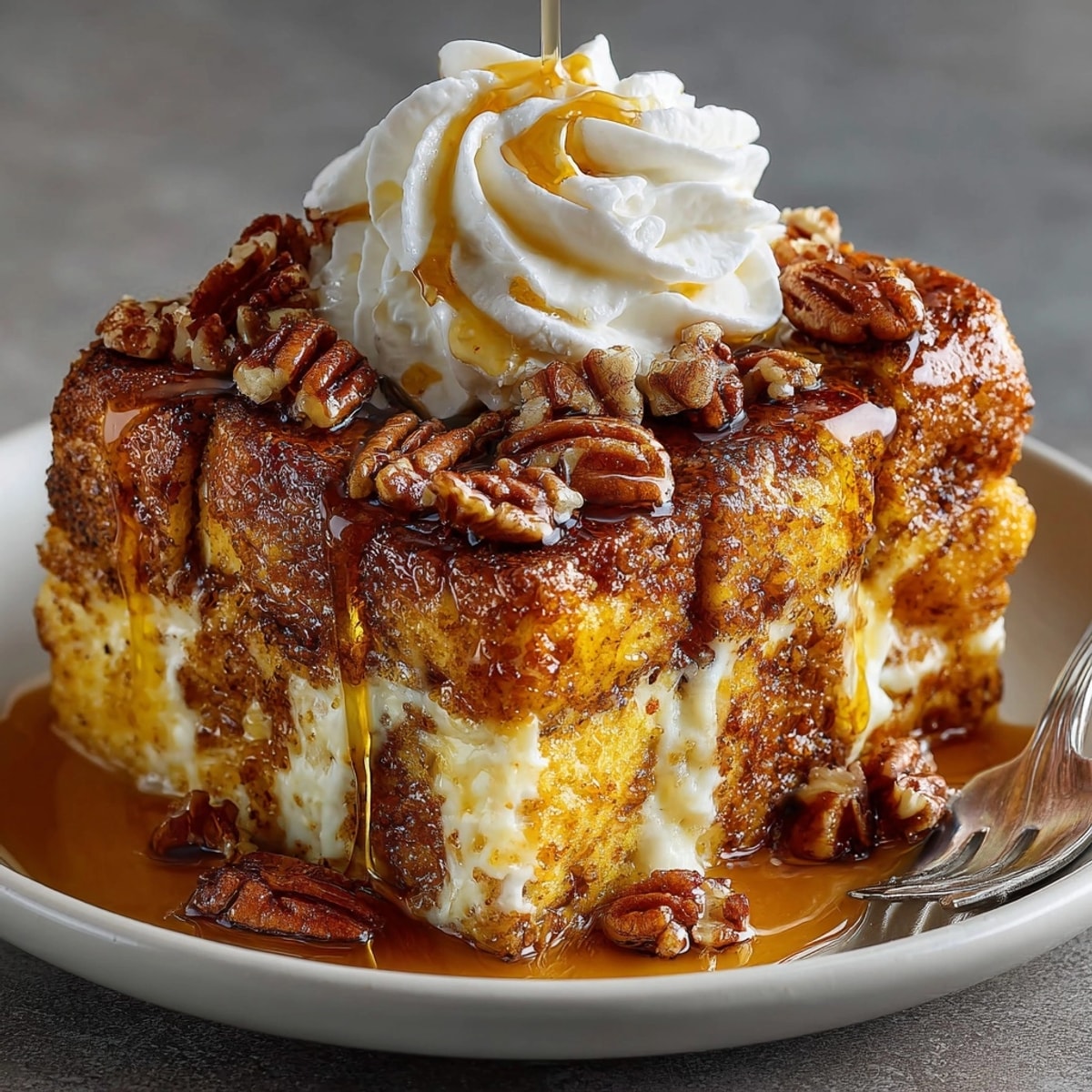 Golden-brown Pumpkin Spice Latte French Toast Casserole, served warm, drizzled with maple syrup and whipped cream.