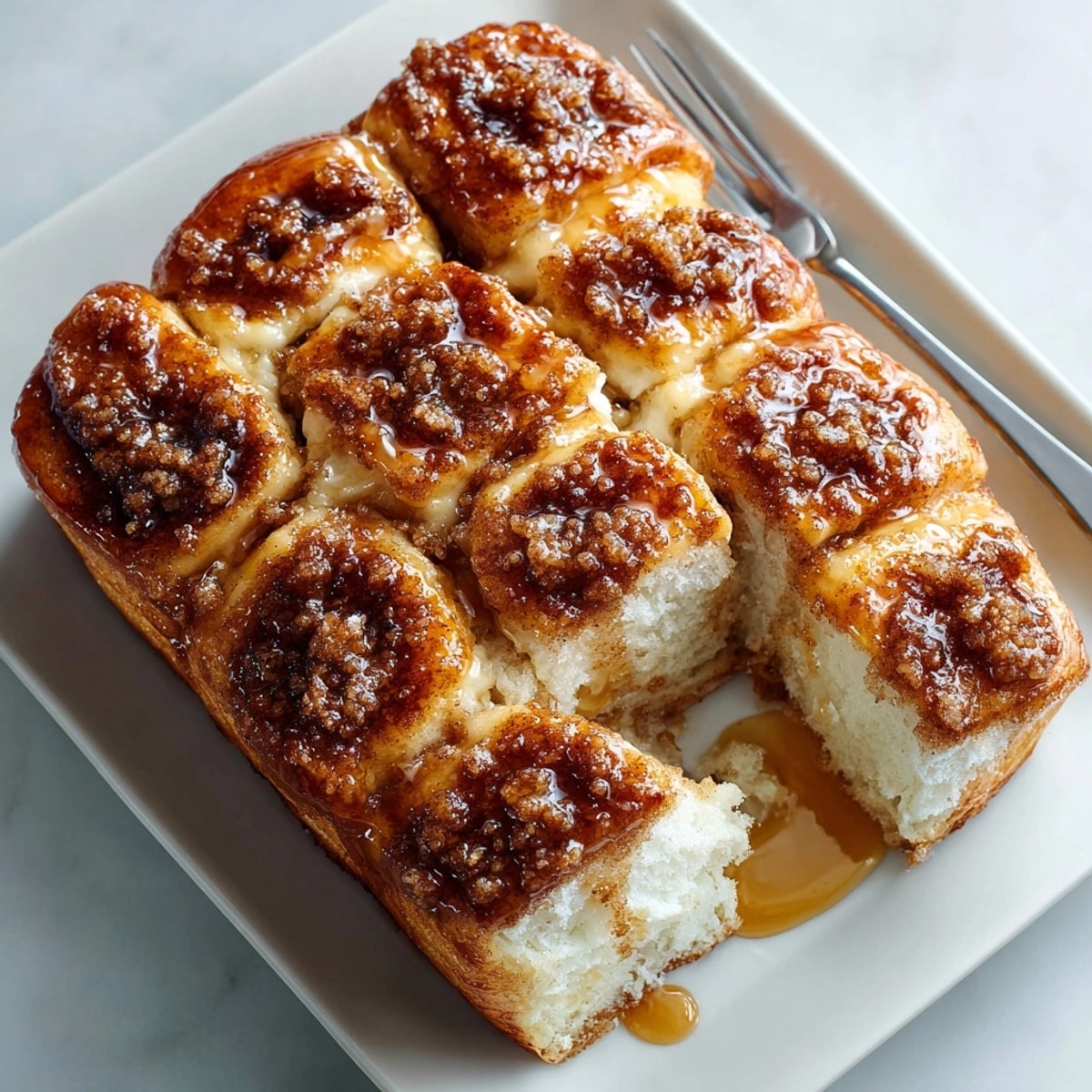 Close-up of the layered Honey Butter Cinnamon Pull-Apart Bread, showing tender bread and delightful cinnamon swirls.