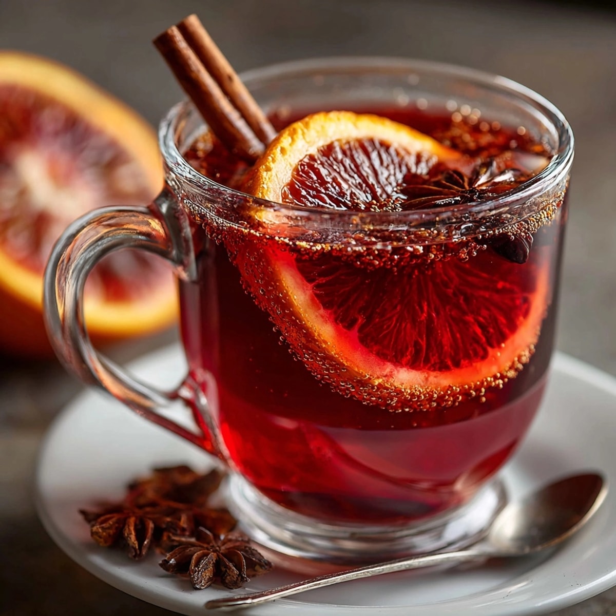 Steaming Spiced Blood Orange Hot Toddys, garnished with orange slices, ready to warm you up.