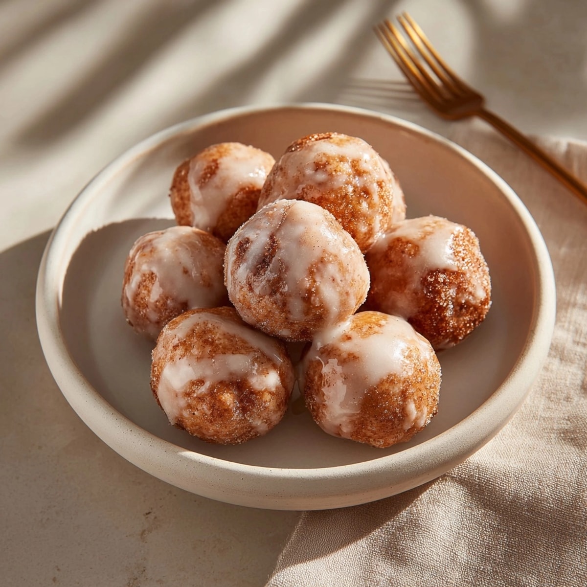 Golden brown Cinnamon Chai Donut Holes dusted with powdered sugar, a warmly spiced American dessert with a rich flavor.