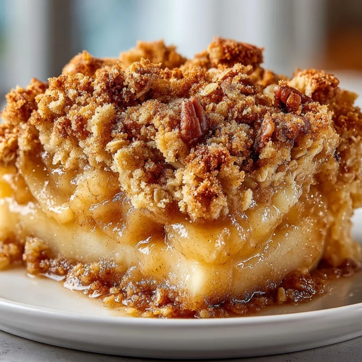 Warm Ginger-Cinnamon Pear Crumble, a rustic dessert brimming with sweet, spiced pears under a golden topping.