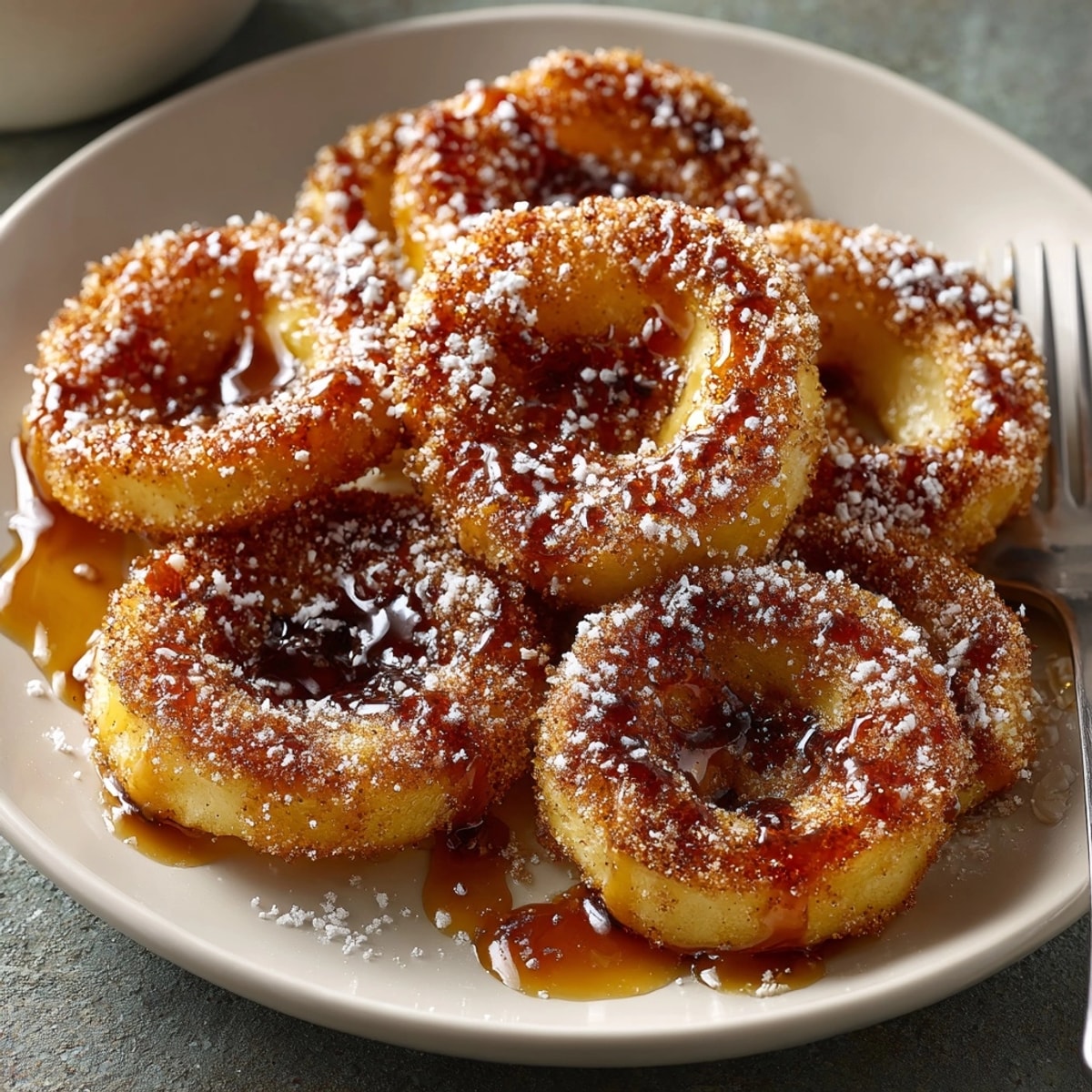 Golden Baked Cinnamon Sugar Apple Rings, with a caramelized crust and a warm, sweet aroma.