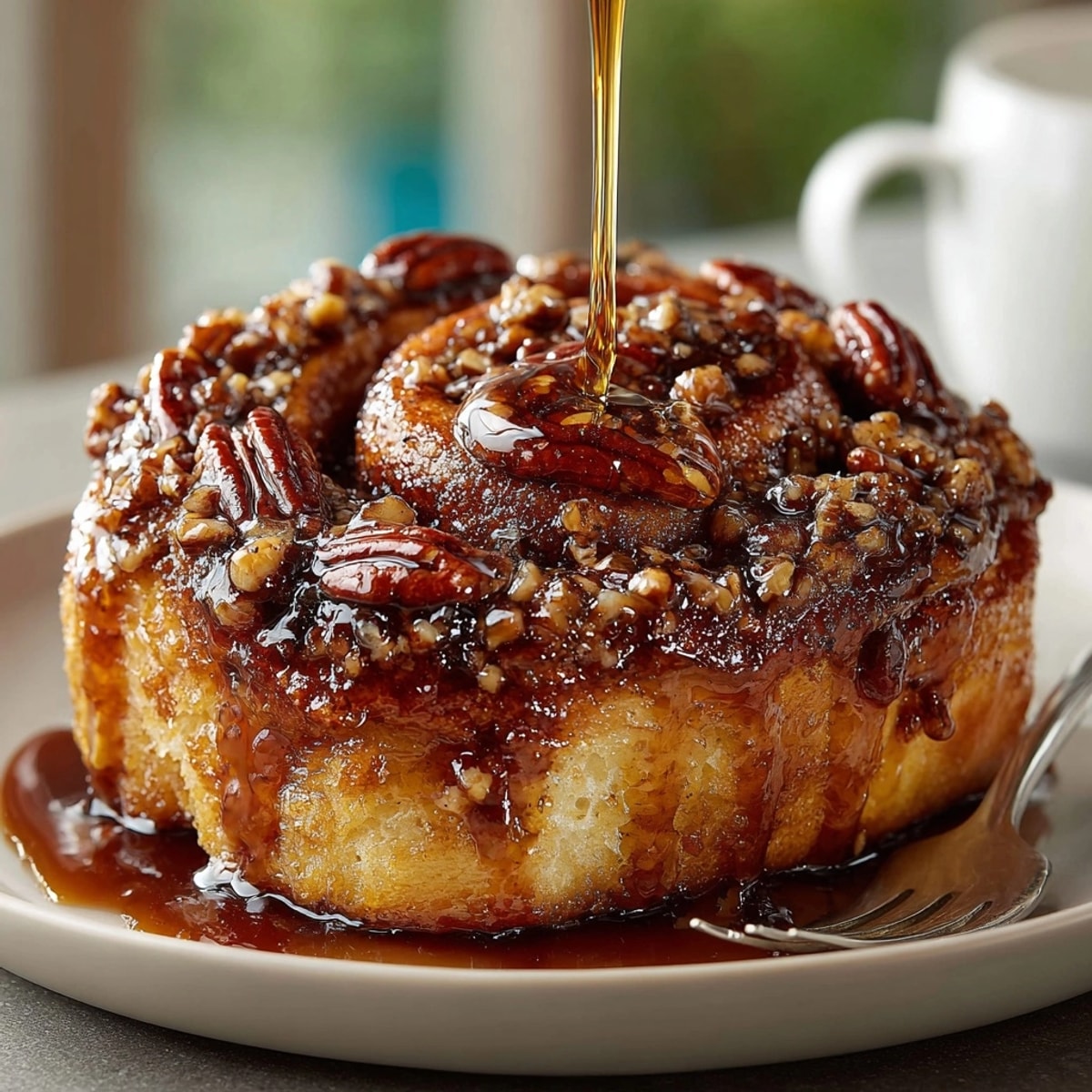 A close-up of warm, golden Cinnamon Pecan Sticky Buns drizzled with a luscious bourbon glaze, perfect breakfast treat.