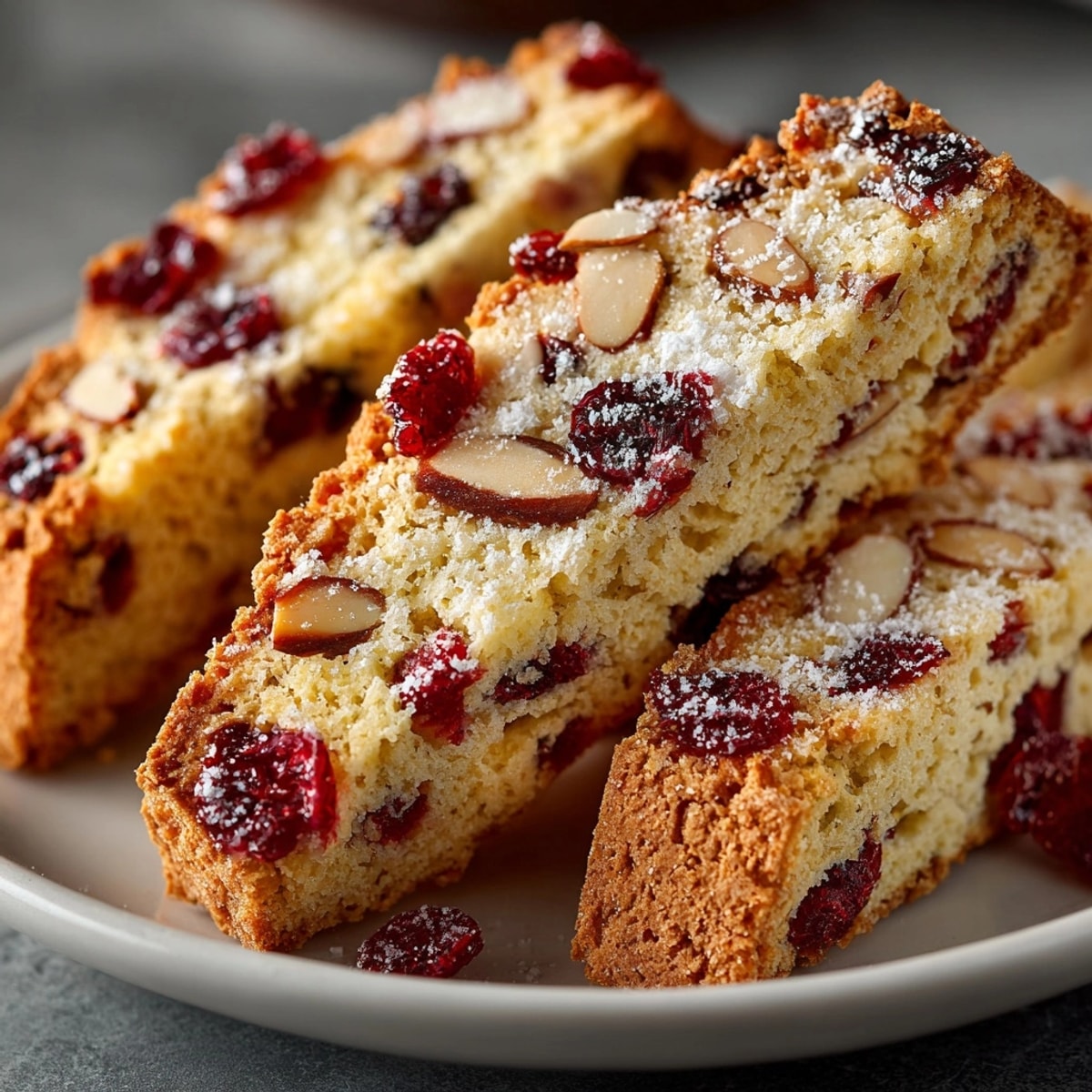 Golden-brown Cranberry Orange Cinnamon Biscotti, perfect for dunking, showing off flecks of cranberries and zest.