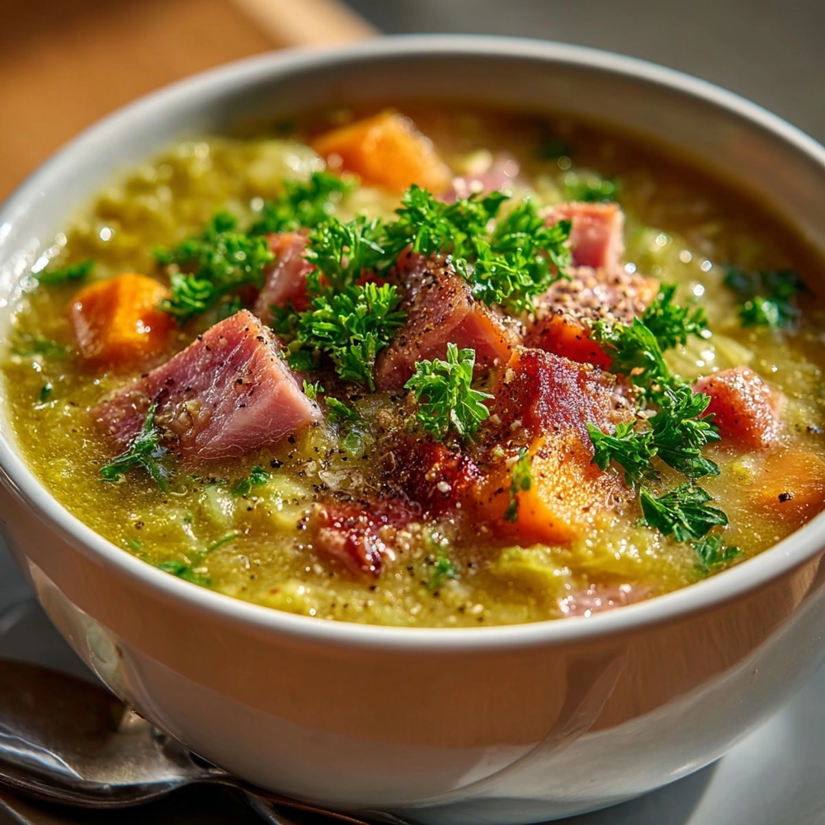 Steaming bowl of Split Pea Soup with Ham, garnished with parsley; a hearty, home-cooked meal.
