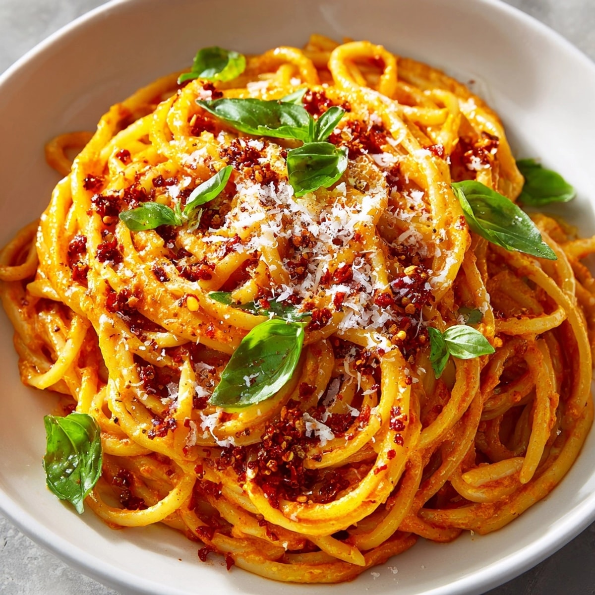Creamy Roasted Red Pepper Pasta, a vegetarian delight, drizzled with smoky paprika oil.