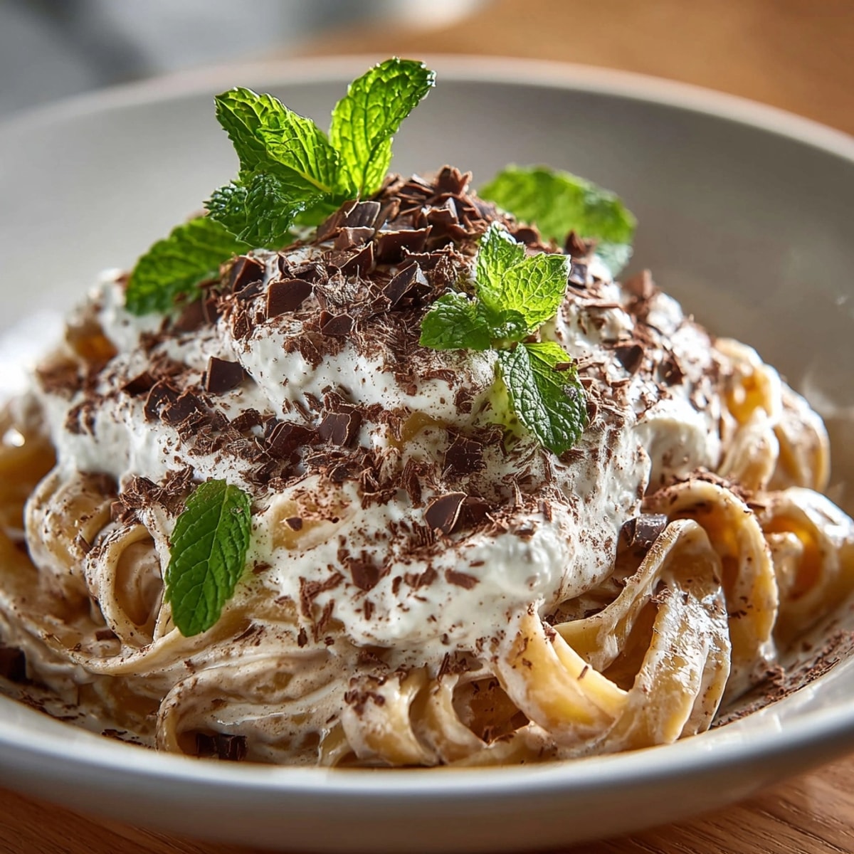 Silky tiramisu pasta coated in rich coffee cream sauce, dusted with cocoa and chocolate shavings for a decadent meal.