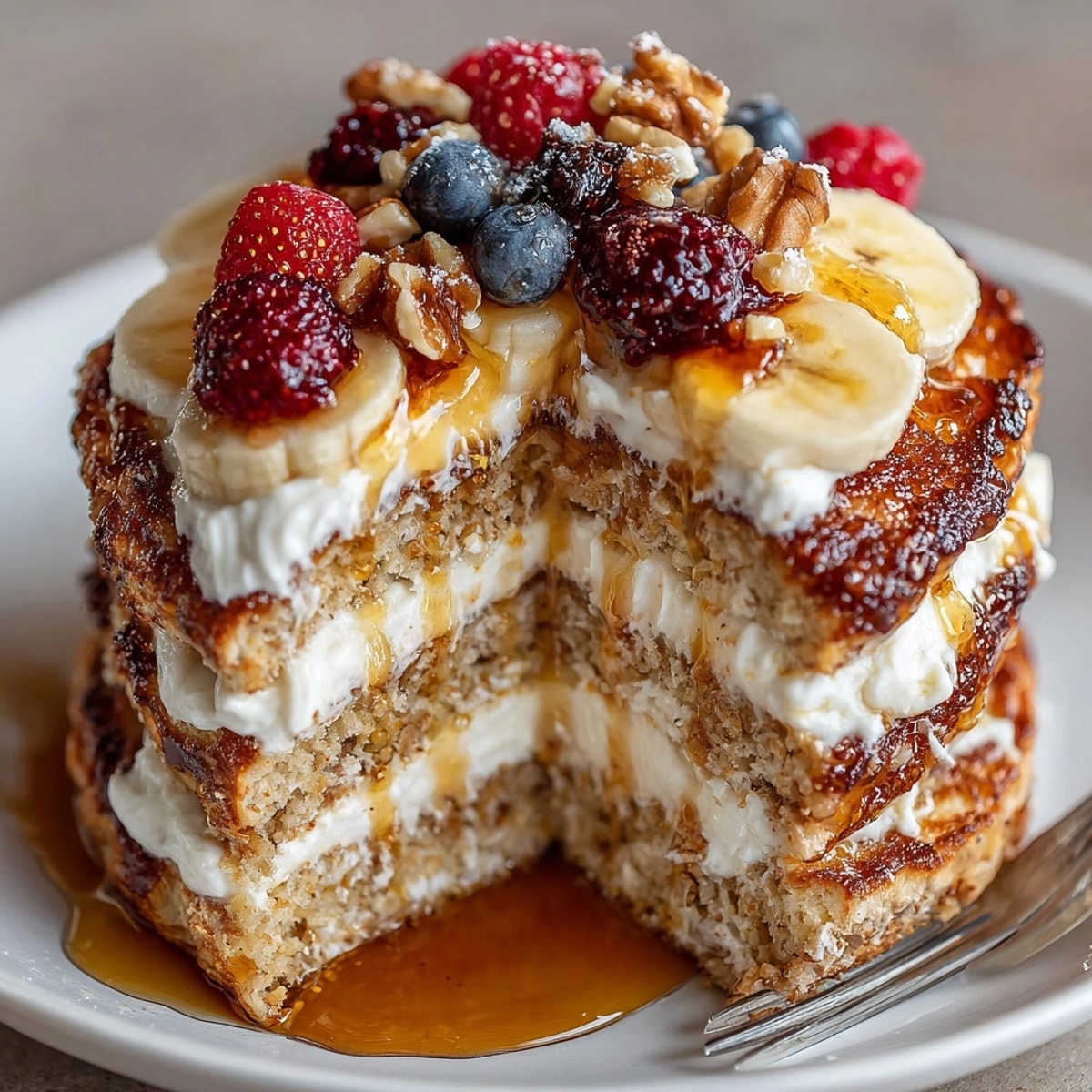Fluffy protein pancake stack topped with fresh berries and honey, ready for breakfast enjoyment.
