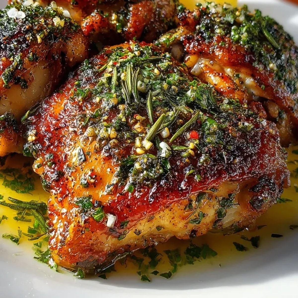 Oven-roasted garlic herb chicken thighs with golden crispy skin and fresh parsley garnish.