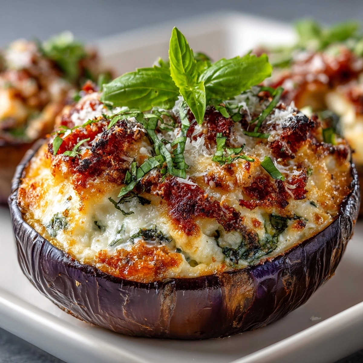 Stuffed Cheese Eggplant Parmesan baked golden with bubbling cheese and zesty marinara sauce