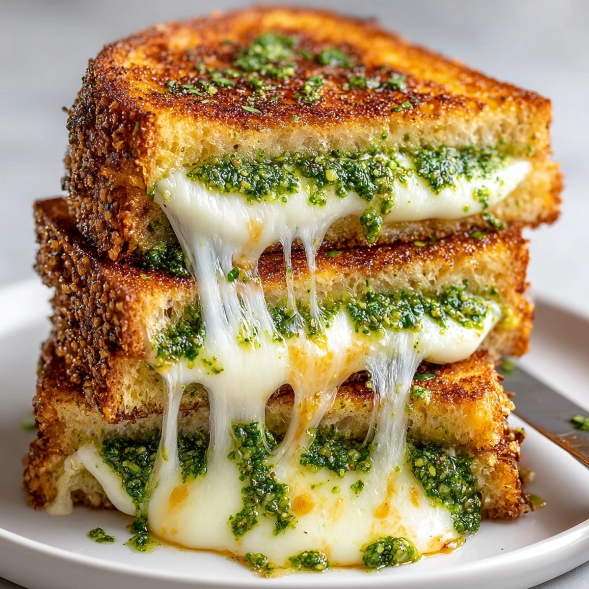 Grilled Cheese with Pesto and Mozzarella sandwich sliced in half, gooey cheese stretching between golden bread.