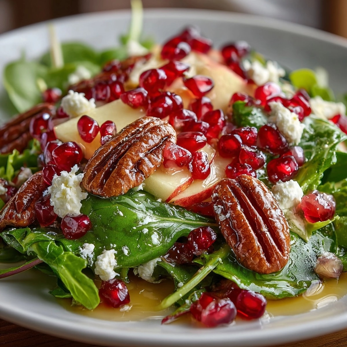 Pomegranate Pecan Salad featuring juicy pomegranate seeds, toasted pecans, apple slices, and feta.