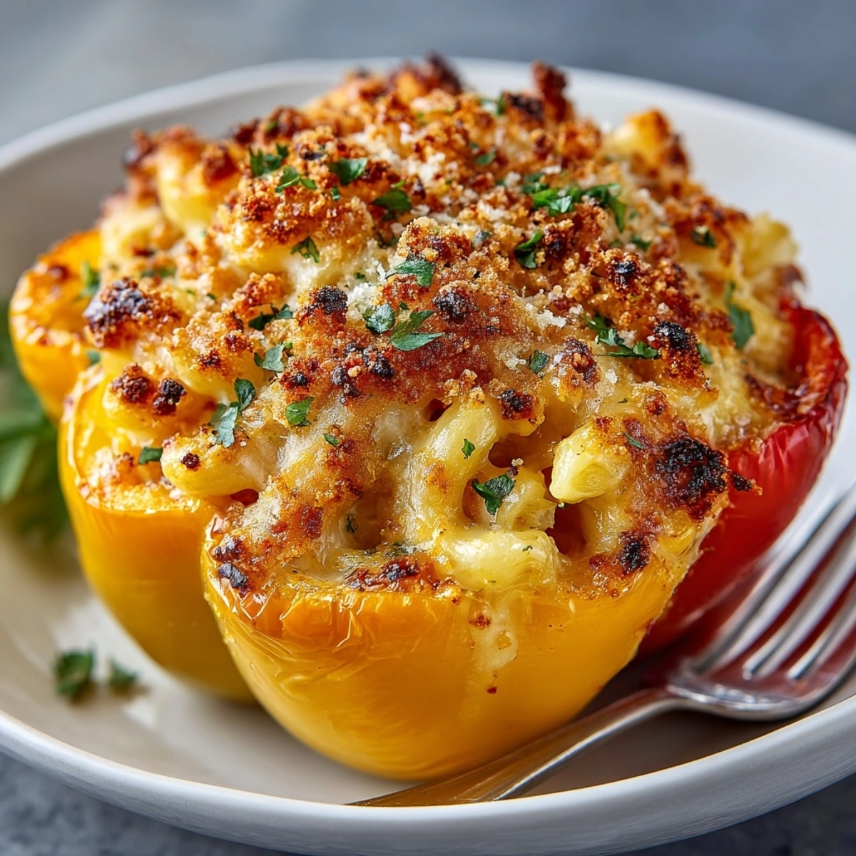 Golden mac and cheese stuffed peppers fresh from the oven, topped with crispy breadcrumbs.
