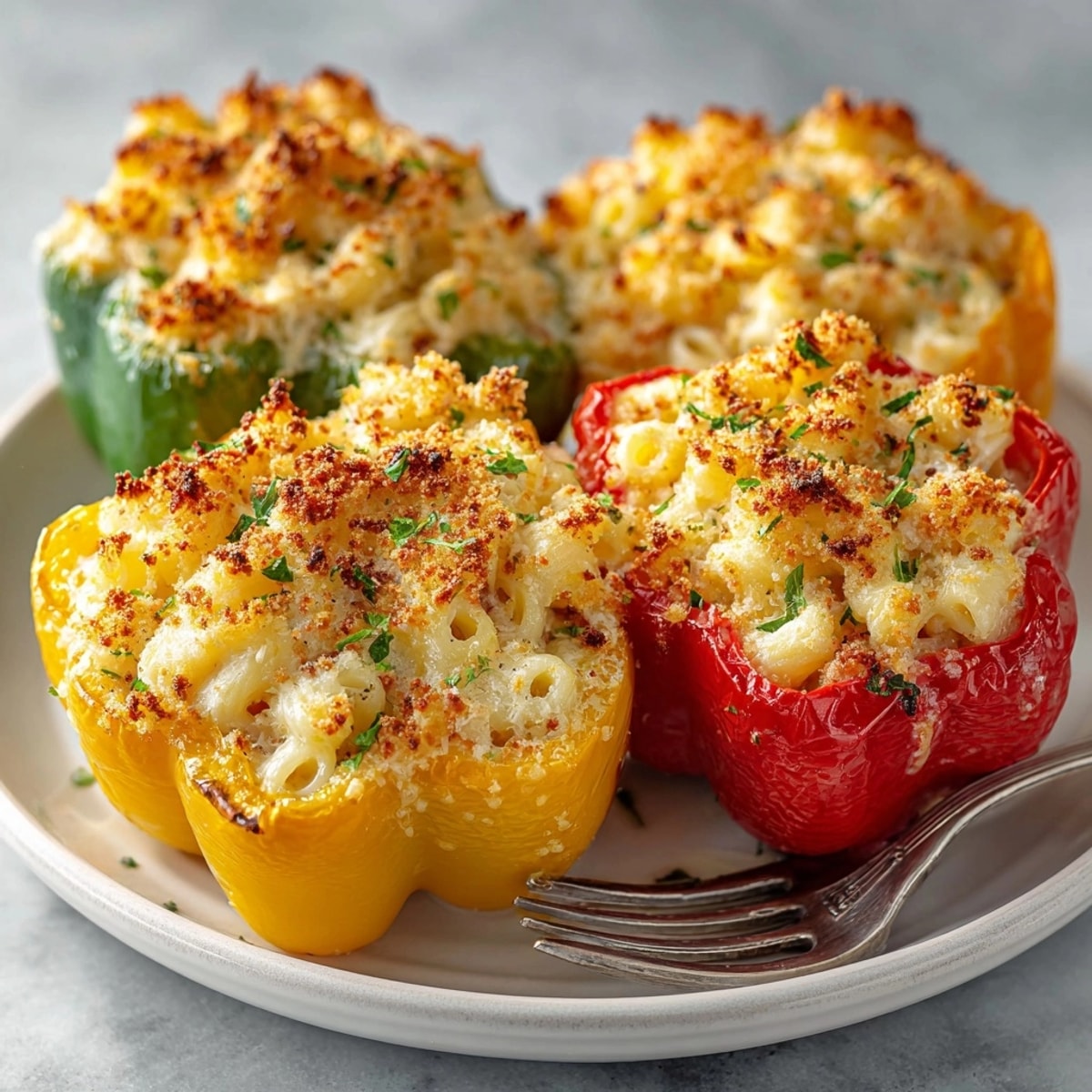 Mac and cheese stuffed peppers served hot with a golden crust, perfect for cozy family dinners.