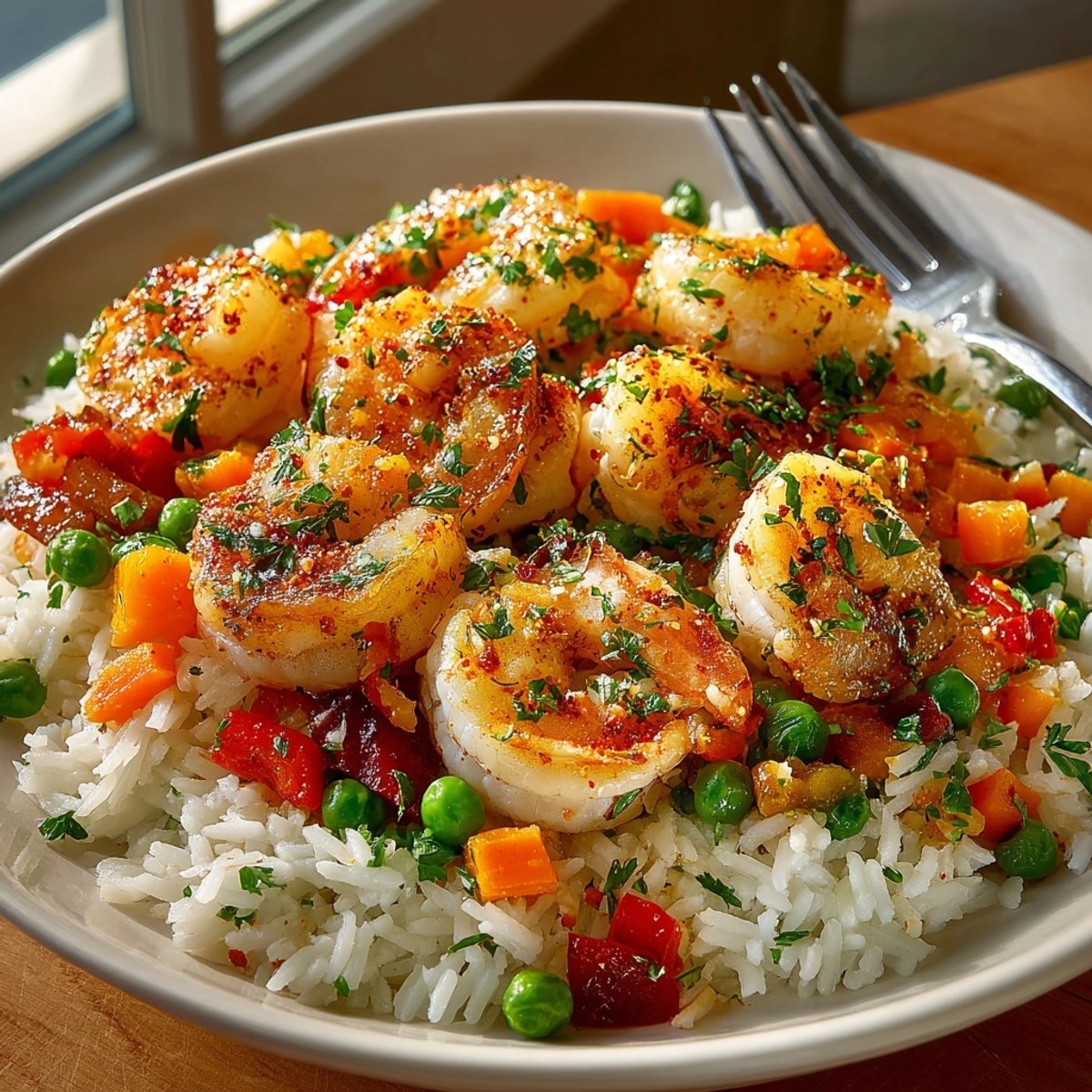 Shrimp and Rice Pilaf with colorful vegetables served in a skillet, garnished with fresh parsley.