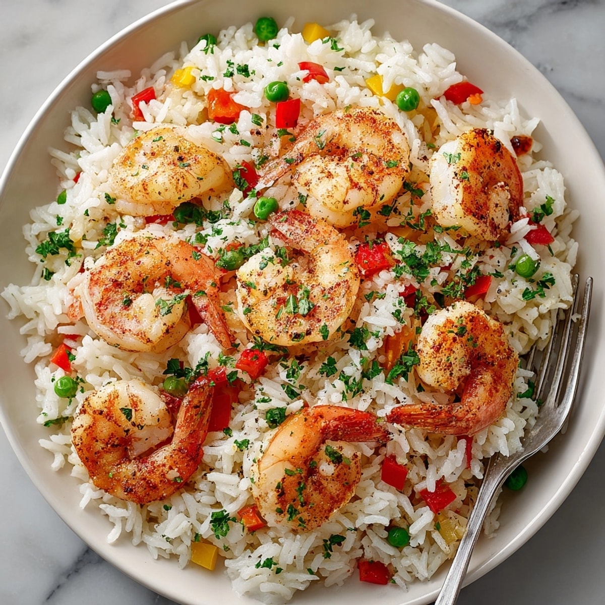 Homemade shrimp and rice pilaf ready to eat, topped with lemon and parsley for a fresh finish.