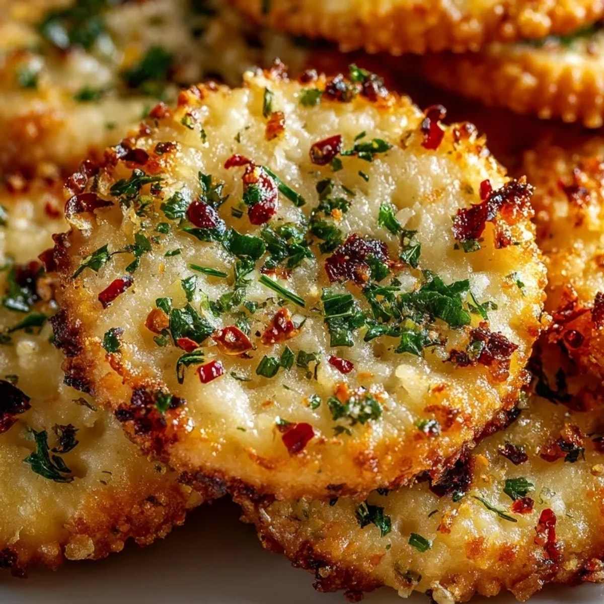 Golden Garlic Ritz Snacks glistening with parmesan butter, perfect for party snacking enjoyment.