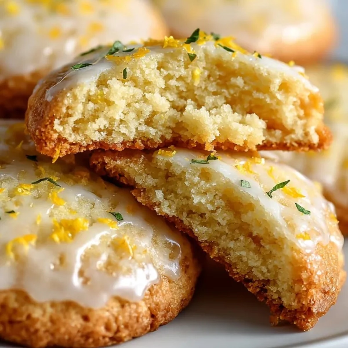 Zesty Lemon Meltaway Cookies with glossy lemon glaze arranged on a white plate, ready to serve.