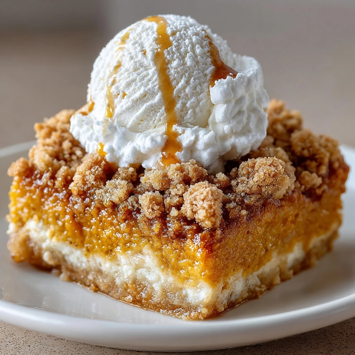 Pumpkin crisp dessert fresh from the oven with golden cinnamon crumb topping and melting ice cream.