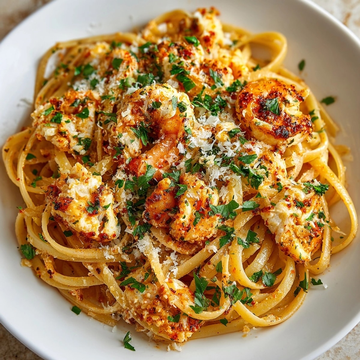 Steaming bowl of Shrimp & Crab Pasta with Creamy Cajun Sauce rich in Cajun spices.