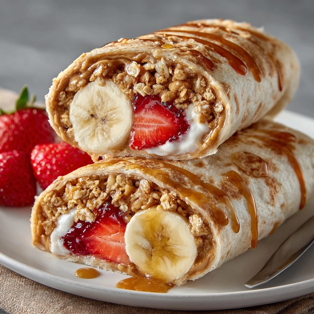Golden Peanut Butter Jelly Breakfast Burrito with banana slices peeking open, ready to eat.