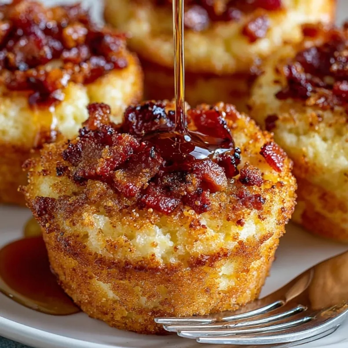 Golden Maple Bacon Pancake Bites, warm and fluffy, drizzled with sweet syrup, ready to eat.