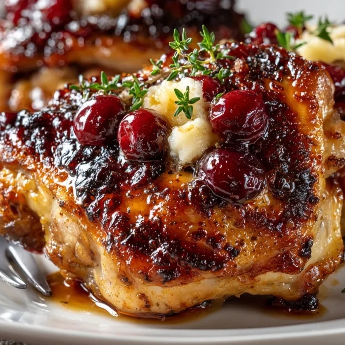 Golden Cranberry Balsamic Roast Chicken Thighs: Juicy, glazed skin glistening, ready to serve.