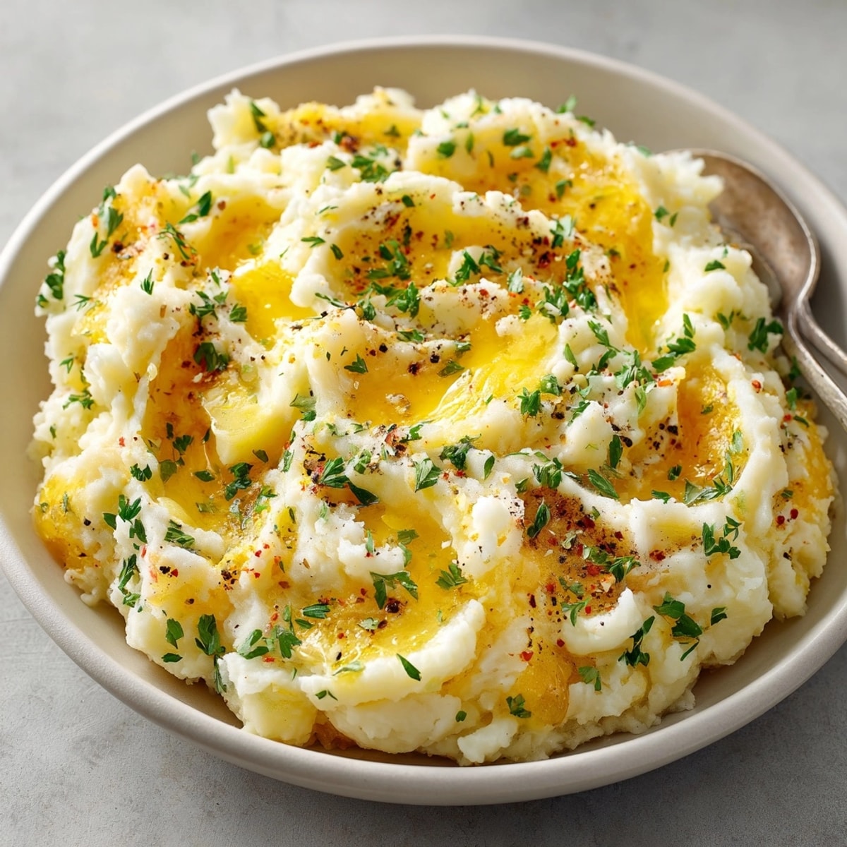 Creamy Instant Pot Mashed Potatoes, steaming hot, ready for topping with butter and herbs.