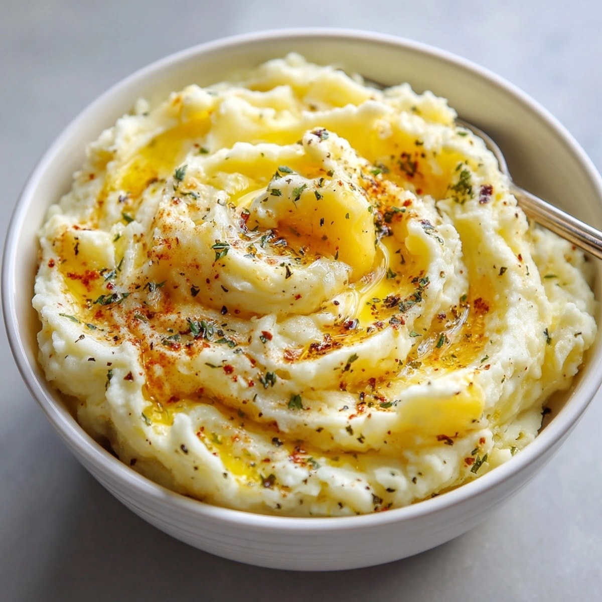 Homemade Instant Pot Mashed Potatoes: Fluffy, buttery, savory perfection in a white serving bowl.