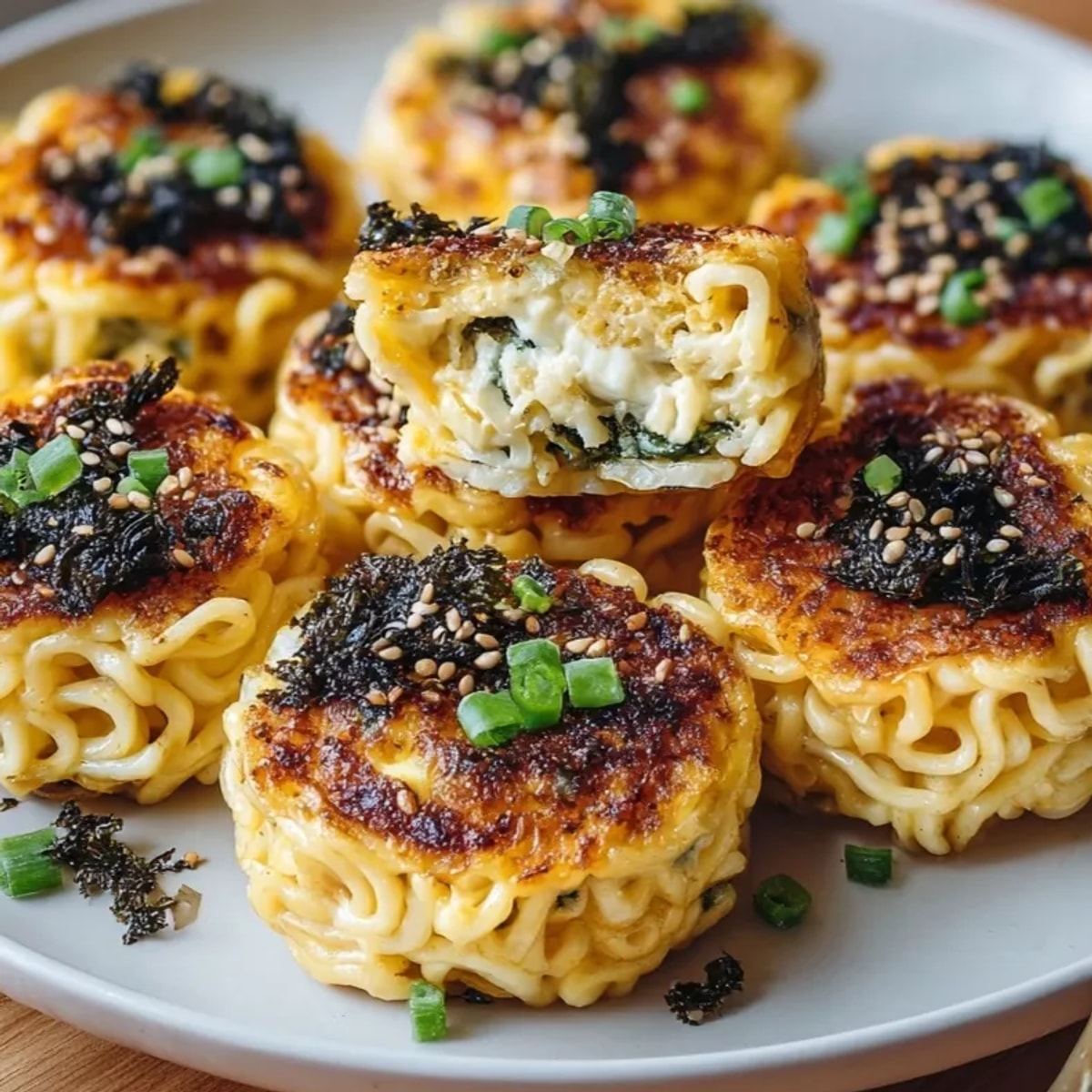 Golden brown Ramen Egg Bites, fresh from the oven, garnished with sesame seeds.