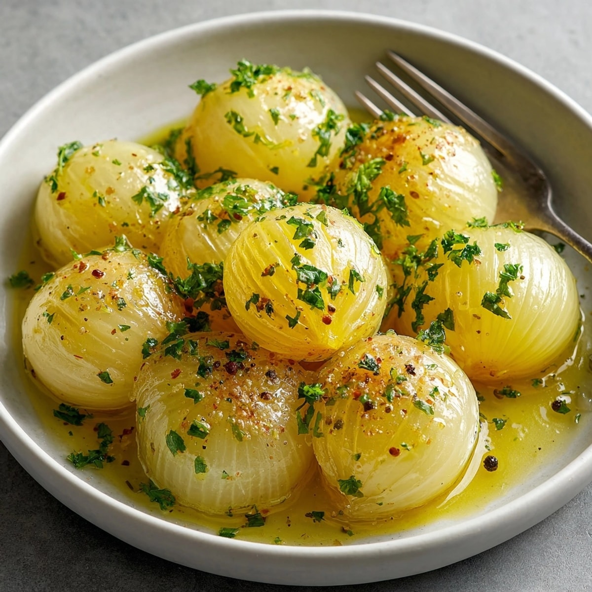 Golden brown Onion Boil: Tender halved onions simmered in fragrant broth, ready to enjoy.