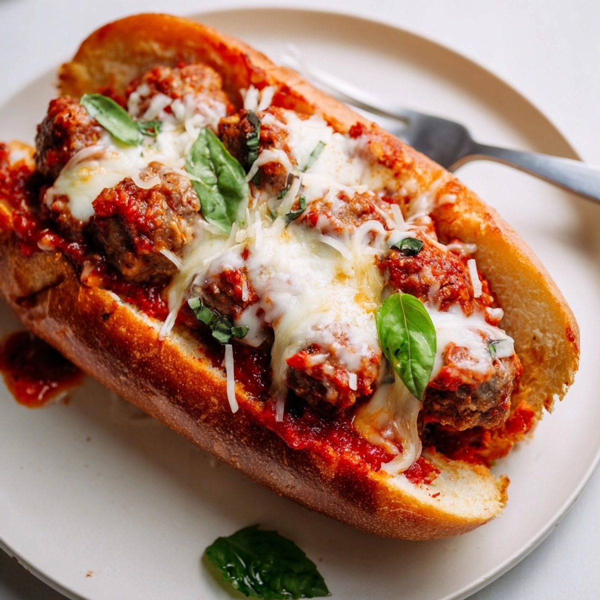 A delicious Meatball Sub: Juicy seasoned meatballs simmered in rich marinara, oozing with melted mozzarella.