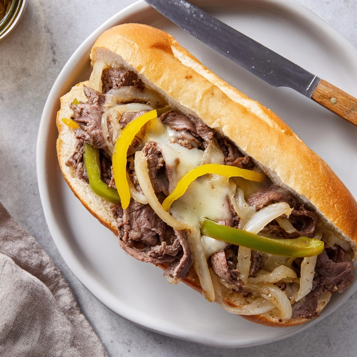 Delicious Philly Cheesesteak sandwich with melted provolone, glistening onions, and juicy steak.