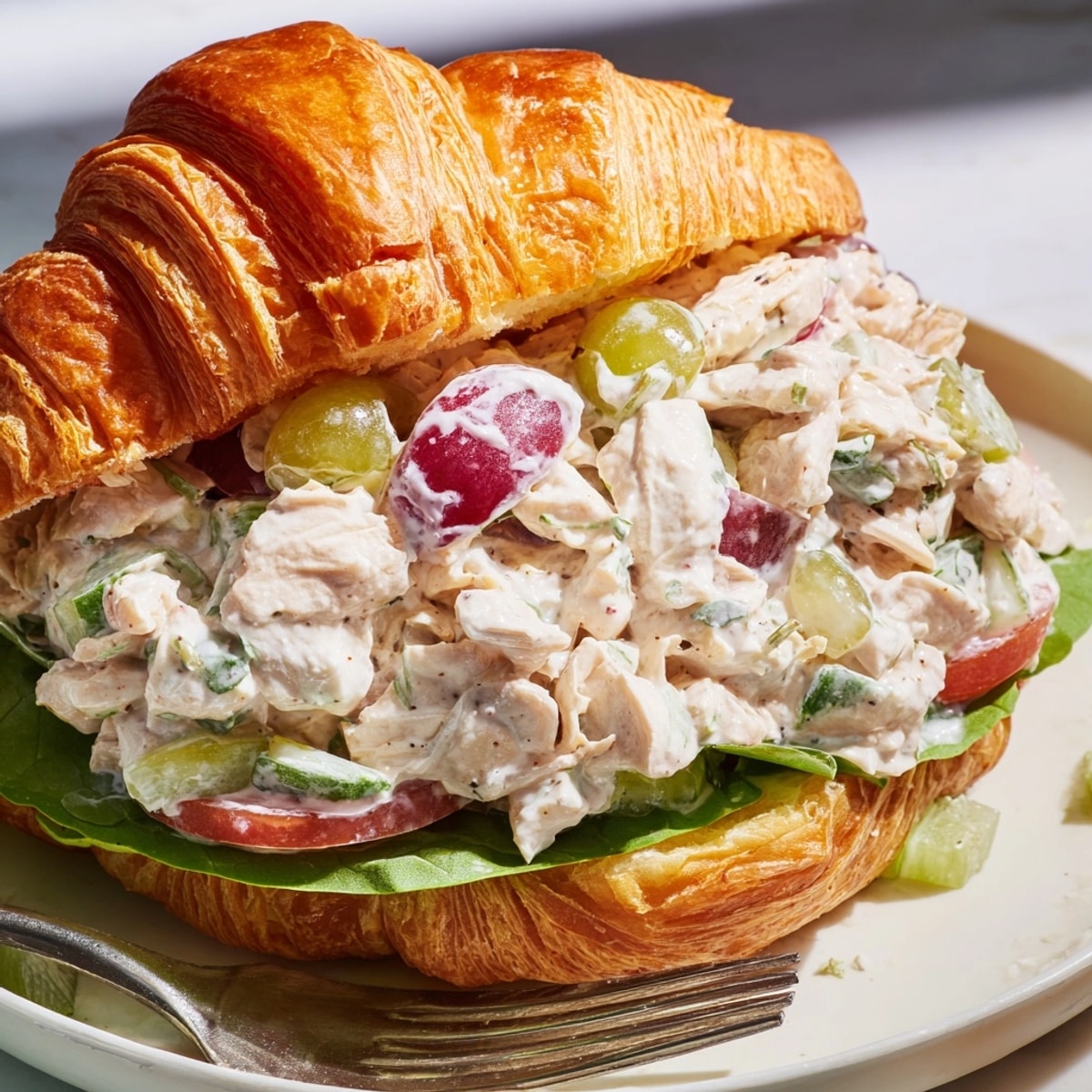 Creamy chicken salad croissant sandwich filled with grapes, celery, and herbs, ready to eat.