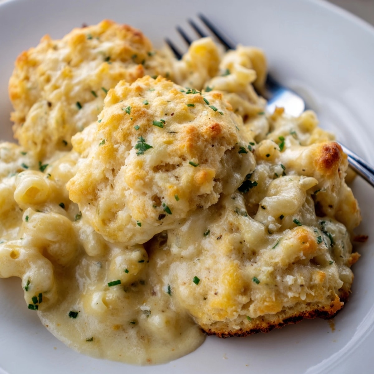 Golden-brown Mac and Cheese Chive Biscuit Bake, warm and cheesy comfort food.