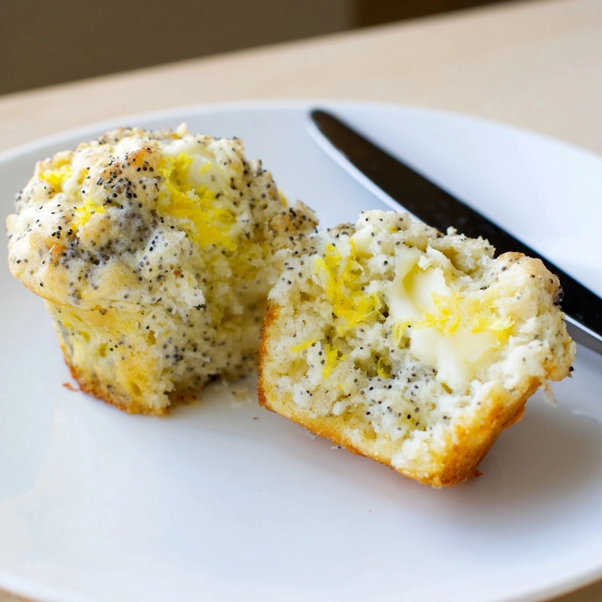 Golden-brown ricotta lemon poppyseed muffins, fresh from the oven with a crackled top.