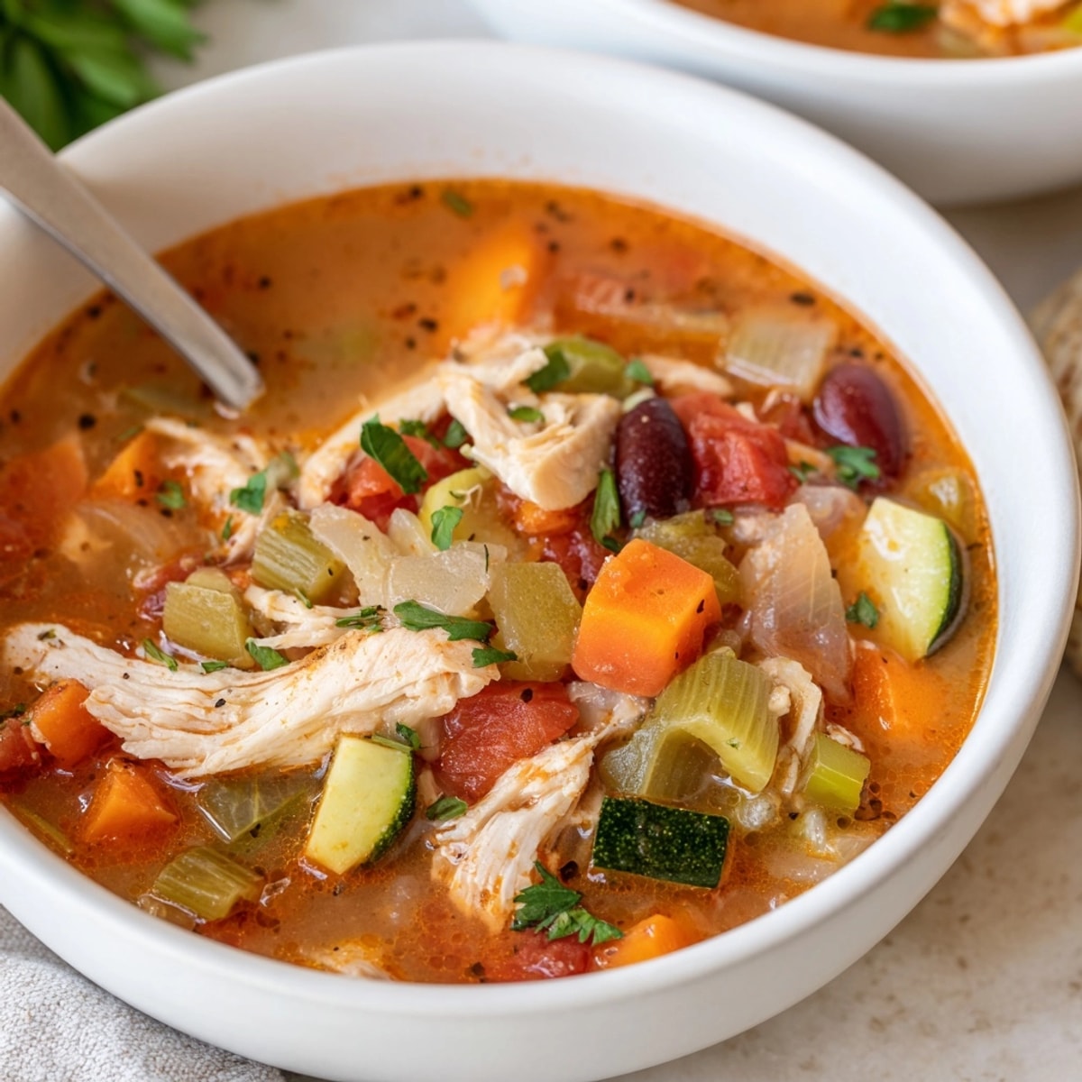 Close-up of flavorful Cajun Turkey Veggie Soup with vibrant colors, aroma implied spice.