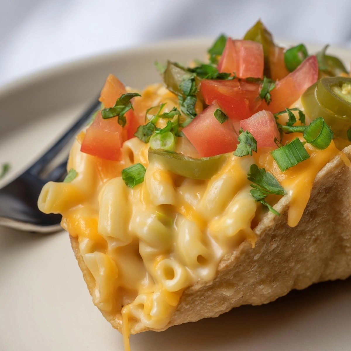 Golden, crispy Parmesan taco shells cradle creamy *Mac and Cheese Parmesan Tacos*, topped with fresh herbs.