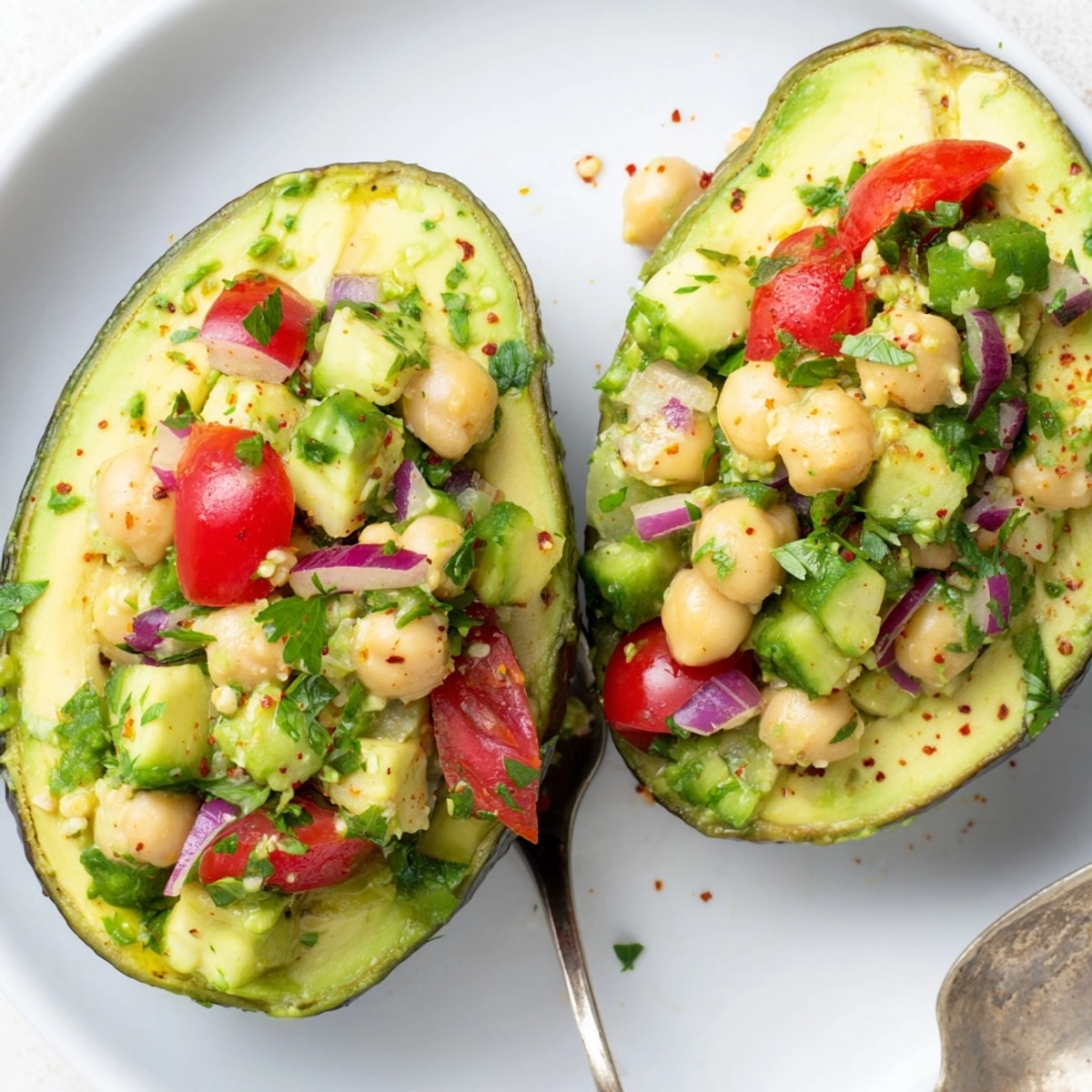Bright green avocado halves overflowing with flavorful chickpea salad; Avocado Chickpea Breakfast Boats.
