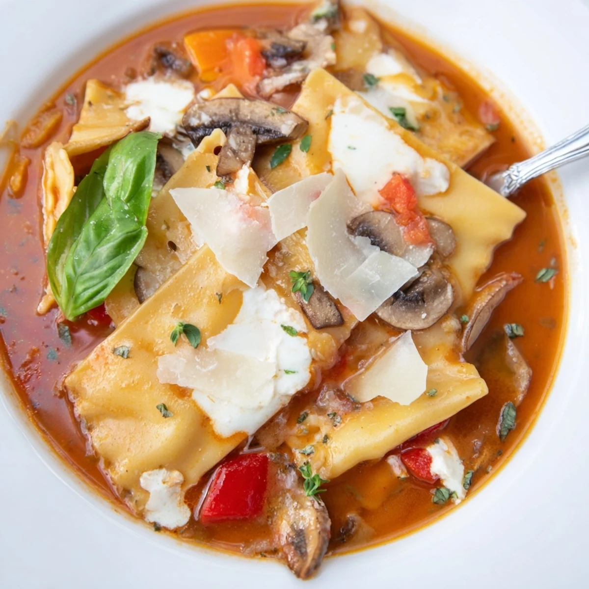 Hearty Lasagne Soup with Mushroom Crisp Toppers garnished with fresh basil leaves.  