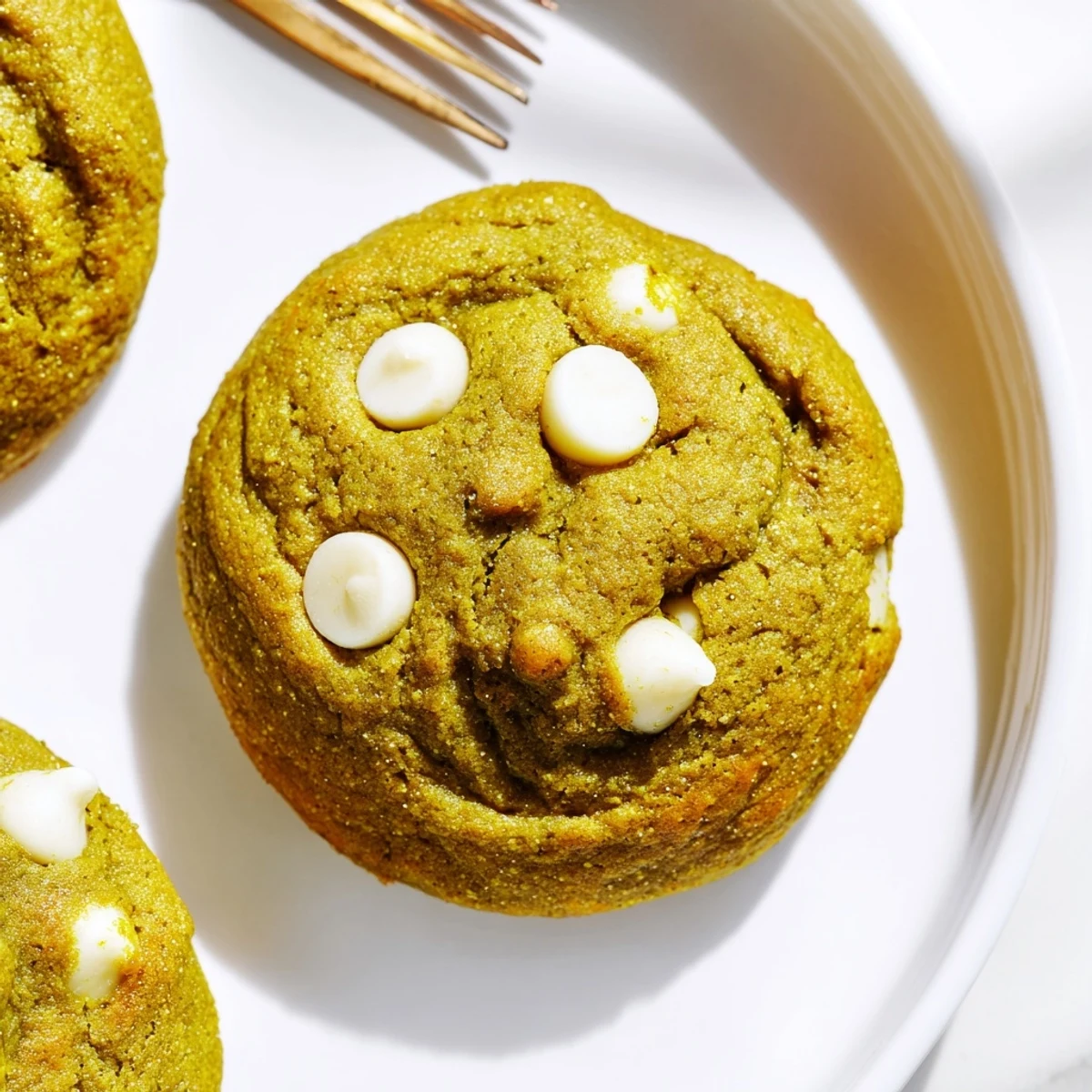 Visually appealing Matcha Pumpkin Muffin Drop Cookies topped with white chocolate chips.  