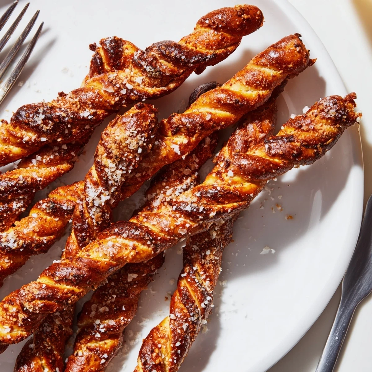 Crispy Flamin Hot Pretzel Biscuit Sticks topped with sea salt are irresistible snacks.