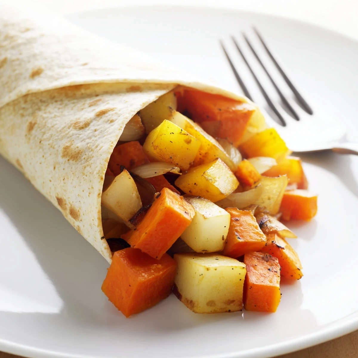 Colorful, Budget-Friendly Roasted Veggie Wraps filled with sweet, tender root vegetables.  