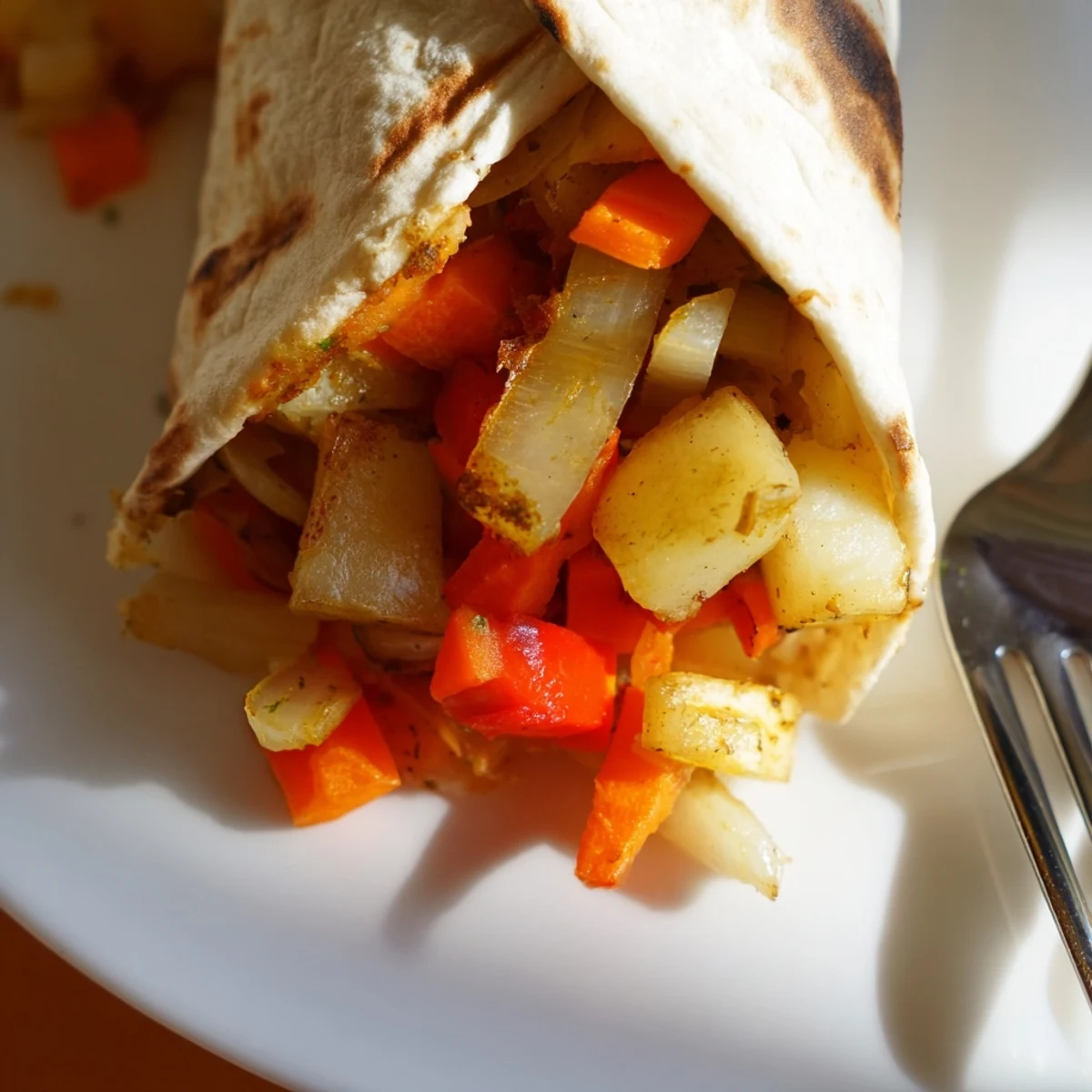 Savor the crunchy texture of Budget-Friendly Roasted Veggie Wraps drizzled with olive oil.  